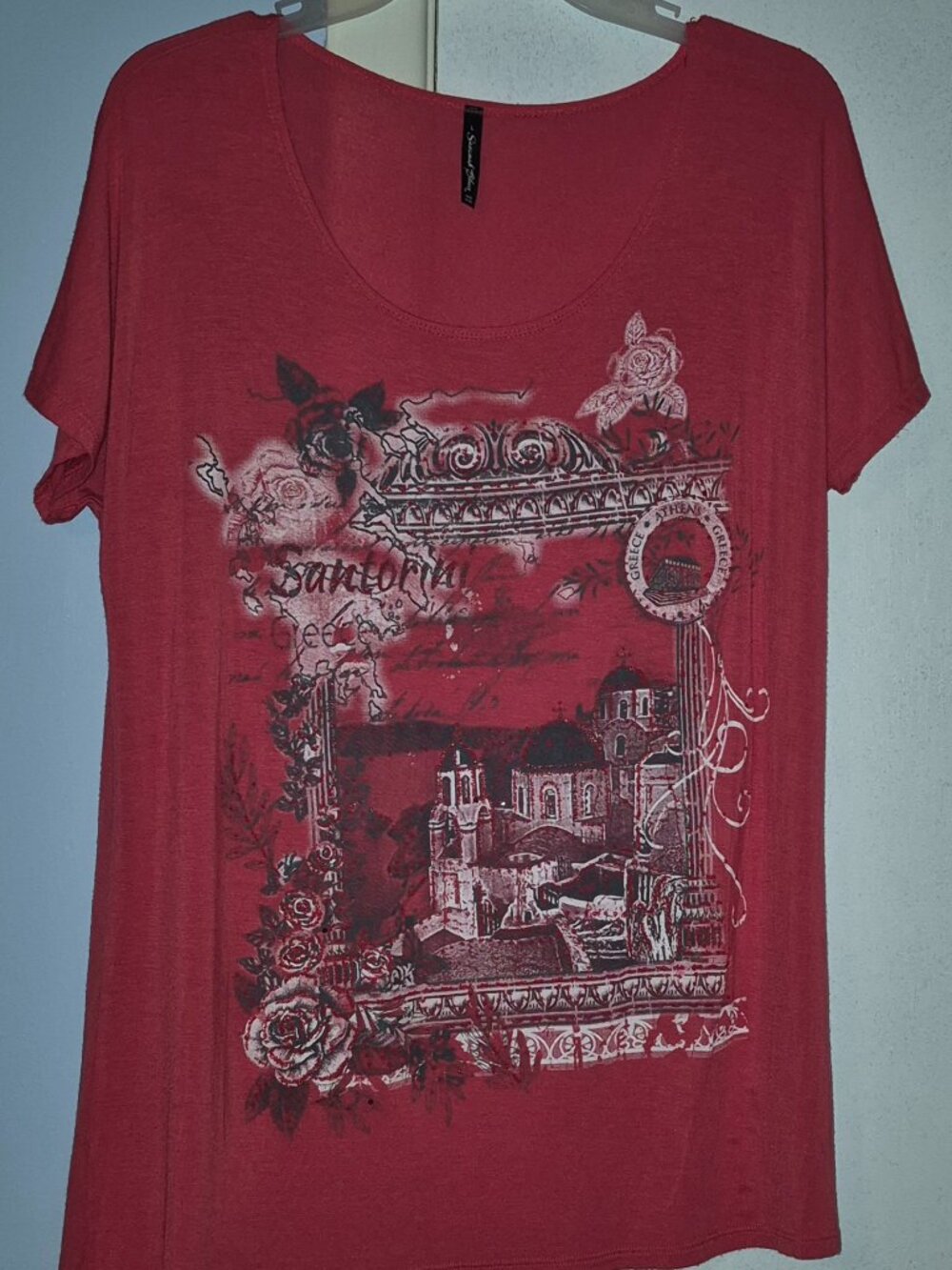 Savanah Blues Shirt T-Shirt Cap Sleeves Santorini Greece Design Women's Size L